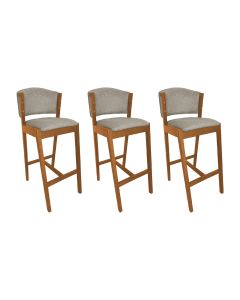 Kit 3 Banquetas Alta de Madeira Maciça Cerejeira Premium Ana com Encosto Linho Bege