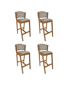 Kit 4 Banquetas Alta de Madeira Maciça Cerejeira Premium Ana com Encosto Linho Bege