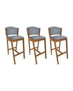 Kit 3 Banquetas Alta de Madeira Maciça Cerejeira Premium Ana com Encosto Linho Cinza