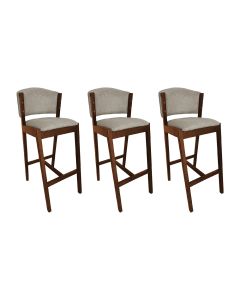 Kit 3 Banquetas Alta de Madeira Maciça Mel Premium Ana com Encosto Linho Bege