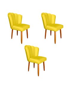 Kit 3 Cadeiras Estofada Premium Pétala Pés Palito - Veludo Amarelo