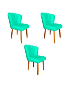 Kit 3 Cadeiras Estofada Premium Pétala Pés Palito - Veludo Azul Turquesa