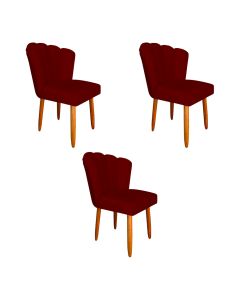 Kit 3 Cadeiras Estofada Premium Pétala Pés Palito - Veludo Vermelho Marsala