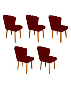 Kit 5 Cadeiras Estofada Premium Pétala Pés Palito - Veludo Vermelho Marsala