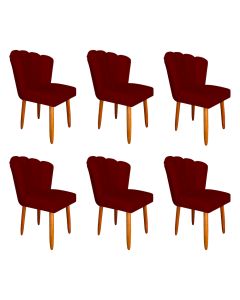 Kit 6 Cadeiras Estofada Petala Pes Palito Veludo Vermelho Marsala