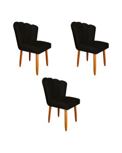 Kit 3 Cadeiras Estofada Premium Pétala Pés Palito - Veludo Preto