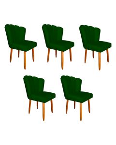 Kit 5 Cadeiras Estofada Premium Pétala Pés Palito - Veludo Verde