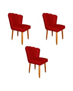Kit 3 Cadeiras Estofada Premium Pétala Pés Palito - Veludo Vermelho