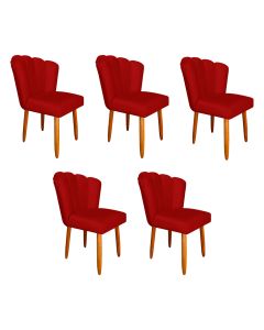 Kit 5 Cadeiras Estofada Premium Pétala Pés Palito - Veludo Vermelho