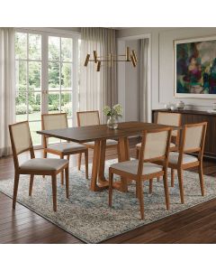 Conjunto Mesa Julia 1,6m Freijó Pés Cerejeira 6 Cadeiras Suellen Design Premium Sala - Bege Linho