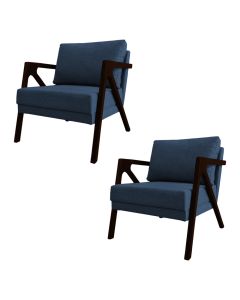 Kit 2 Poltronas Mona Monique Luxo Base Madeira Maciça Castanho Linho Azul