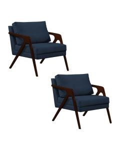 Kit 2 Poltronas Mona Monique Luxo Base Madeira Maciça Castanho Veludo Azul
