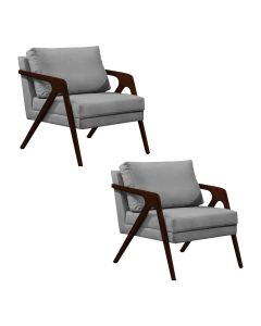 Kit 2 Poltronas Mona Monique Luxo Base Madeira Maciça Castanho Veludo Cinza