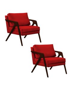 Kit 2 Poltronas Mona Monique Luxo Base Madeira Maciça Castanho Veludo Vermelho