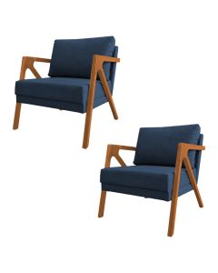 Kit 2 Poltronas Mona Monique Luxo Base Madeira Maciça Cerejeira Linho Azul