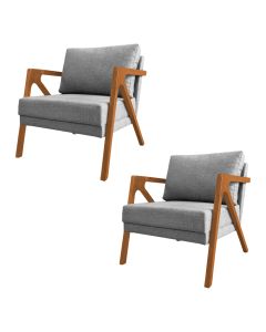 Kit 2 Poltronas Mona Monique Luxo Base Madeira Maciça Cerejeira Linho Cinza