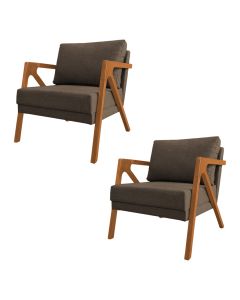Kit 2 Poltronas Mona Monique Luxo Base Madeira Maciça Cerejeira Linho Marrom