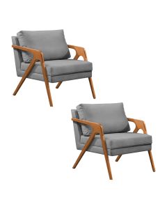 Kit 2 Poltronas Mona Monique Luxo Base Madeira Maciça Cerejeira Veludo Cinza