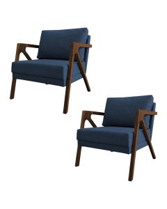 Kit 2 Poltronas Mona Monique Luxo Base Madeira Maciça Mel Linho Azul