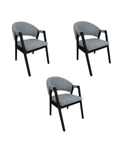 Kit 3 Cadeiras de Jantar Estofadas Helen Linho Cinza Madeira Eucalipto Tratado Preto Sala Luxo