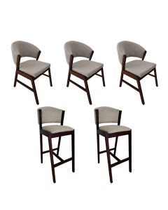 Kit 3 Cadeiras de Jantar Debora com 2 Banquetas Ana Madeira Maciça Castanho Premium Linho Bege