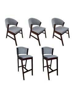 Kit 3 Cadeiras de Jantar Debora com 2 Banquetas Ana Madeira Maciça Castanho Premium Linho Cinza