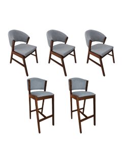 Kit 3 Cadeiras de Jantar Debora com 2 Banquetas Ana Madeira Maciça Mel Premium Linho Cinza