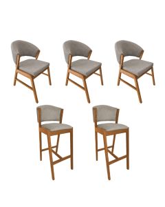 Kit 3 Cadeiras de Jantar Debora Madeira Maciça com 2 Banquetas Ana Cerejeira Premium Linho Bege