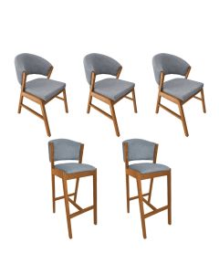 Kit 3 Cadeiras de Jantar Debora Madeira Maciça com 2 Banquetas Ana Cerejeira Premium Linho Cinza