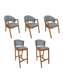 Kit 3 Cadeiras de Jantar Helen Madeira Maciça com 2 Banquetas Ana Cerejeira Premium Linho Cinza