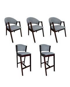 Kit 3 Cadeiras de Jantar Helen com 2 Banquetas Ana Madeira Maciça Castanho Premium Linho Cinza