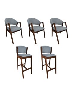 Kit 3 Cadeiras de Jantar Helen com 2 Banquetas Ana Madeira Maciça Mel Premium Linho Cinza