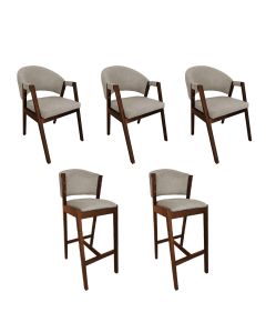 Kit 3 Cadeiras de Jantar Helen com 2 Banquetas Ana Madeira Maciça Mel Premium Linho Bege