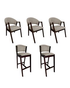 Kit 3 Cadeiras de Jantar Helen com 2 Banquetas Ana Madeira Maciça Castanho Premium Linho Bege