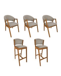 Kit 3 Cadeiras de Jantar Helen Madeira Maciça com 2 Banquetas Ana Cerejeira Premium Linho Bege