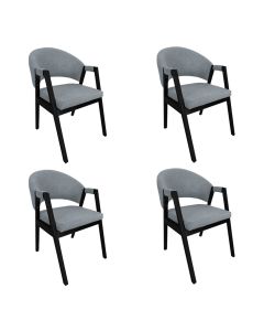 Kit 4 Cadeiras de Jantar Estofadas Helen Linho Cinza Madeira Eucalipto Tratado Preto Sala Luxo