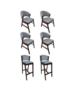Kit 4 Cadeiras de Jantar Debora com 2 Banquetas Ana Madeira Maciça Castanho Premium Linho Cinza