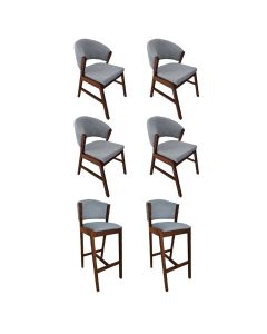 Kit 4 Cadeiras de Jantar Debora com 2 Banquetas Ana Madeira Maciça Mel Premium Linho Cinza