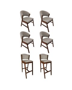 Kit 4 Cadeiras de Jantar Debora com 2 Banquetas Ana Madeira Maciça Mel Premium Linho Bege