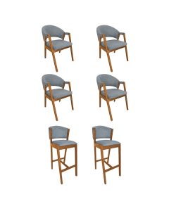 Kit 4 Cadeiras de Jantar Helen Madeira Maciça com 2 Banquetas Ana Cerejeira Premium Linho Cinza