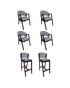 Kit 4 Cadeiras de Jantar Helen com 2 Banquetas Ana Madeira Maciça Castanho Premium Linho Cinza