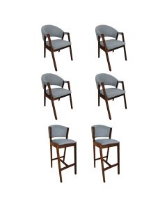Kit 4 Cadeiras de Jantar Helen com 2 Banquetas Ana Madeira Maciça Mel Premium Linho Cinza