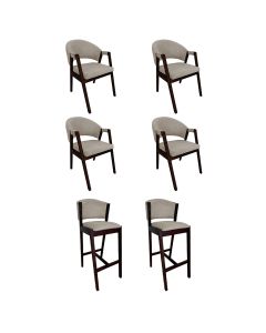 Kit 4 Cadeiras de Jantar Helen com 2 Banquetas Ana Madeira Maciça Castanho Premium Linho Bege