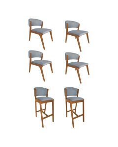 Kit 4 Cadeiras Kethellen Premium com 2 Banquetas Ana em Madeira Maciça Cerejeira Linho Cinza