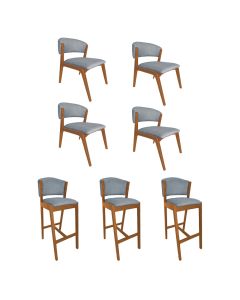 Kit 4 Cadeiras Kethellen Premium com 3 Banquetas Ana em Madeira Maciça Cerejeira Linho Cinza