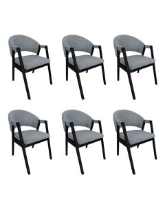 Kit 6 Cadeiras de Jantar Estofadas Helen Linho Cinza Madeira Eucalipto Tratado Preto Sala Luxo