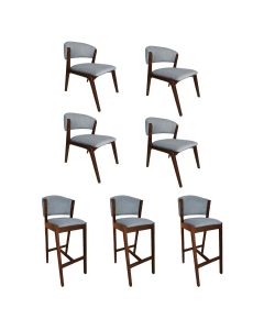 Kit com 4 Cadeiras Kethellen Premium com 3 Banquetas Ana em Madeira Maciça Mel Linho Cinza