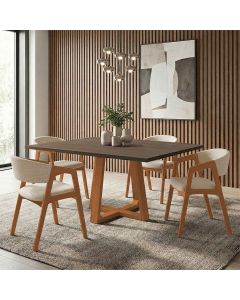 Conjunto Mesa Jantar Isabela 1,2m Freijó Pés Cerejeira 4 Cadeiras Gabriela Sala Jantar - Bege Linho