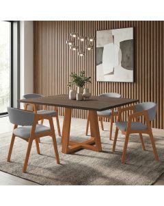 Mesa Jantar Isabela 1,2m Freijó Pés Cerejeira Madeira Maciça 4 Cadeiras Gabriela - Cinza Linho