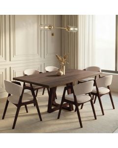 Mesa Jantar Julia 1,6m Freijó Pés Castanho Madeira Maciça 6 Cadeiras Gabriela - Bege Linho